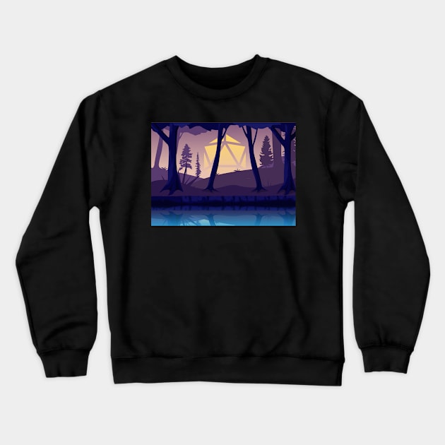 Forest Lake Blue Hour Sunset D20 Dice Sun Lake Crewneck Sweatshirt by pixeptional